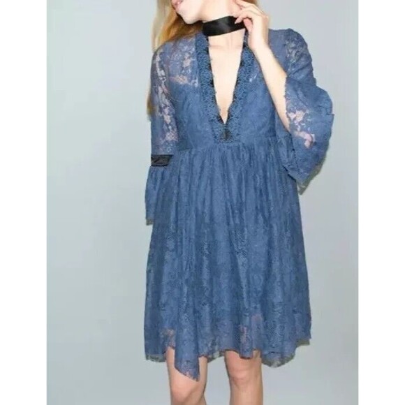 Free People Gilded Lace Victorian Mini Dress Dusty Blue Small P - Picture 1 of 15